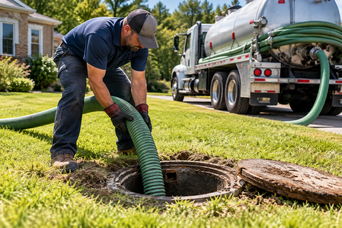 Technician inspecting an aerobic treatment unit and accessible components in Northern Kentucky