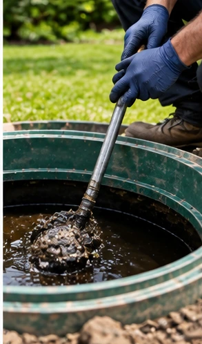 Technician inspecting tank level, baffles and access components at a local property in Alexandria, KY