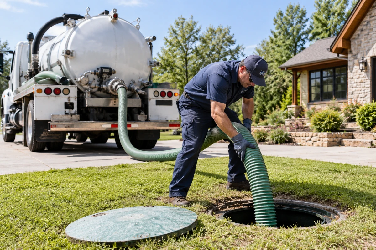 Technician documenting septic maintenance and checking the drainfield or system access area in Covington, KY