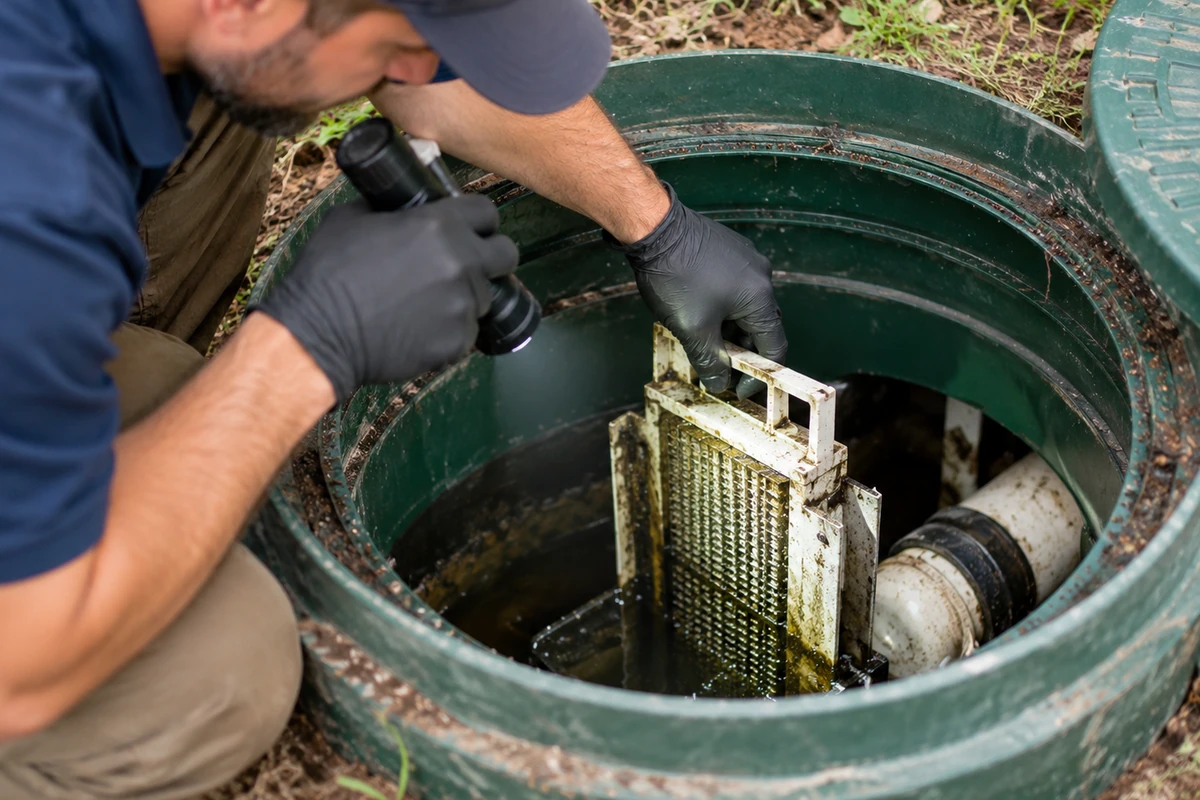 Technician inspecting tank level, baffles and access components at a local property in Burlington, KY