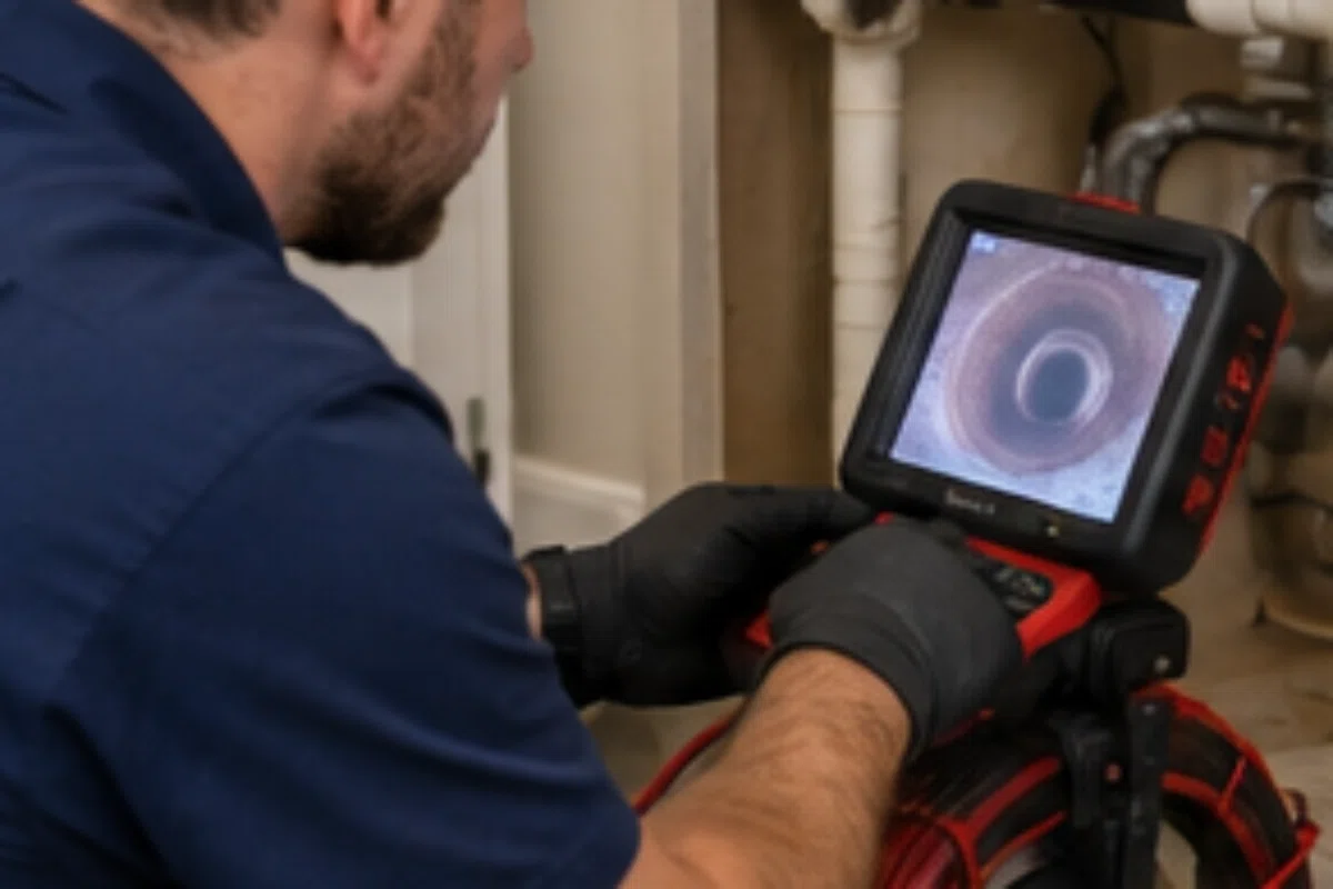Technician identifying a visible crack or leak in an exposed septic tank in Covington, KY