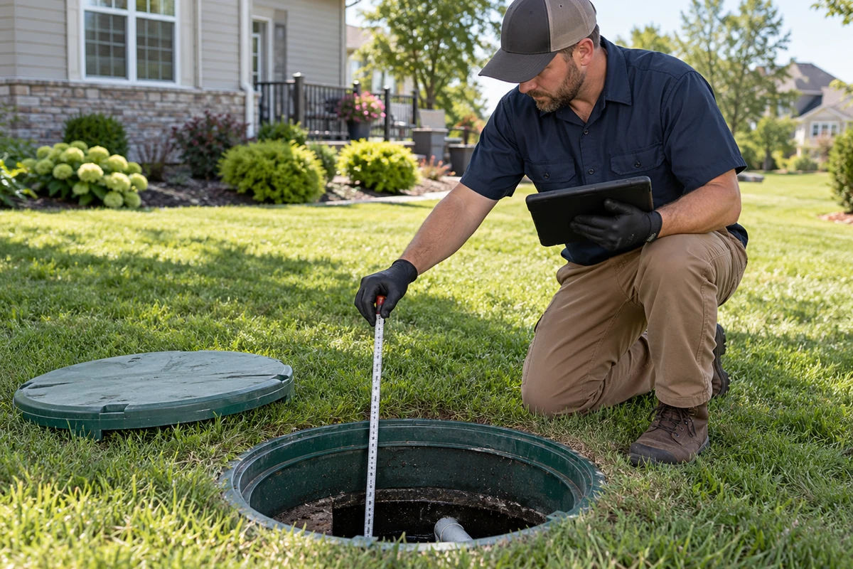 Technician documenting septic maintenance and checking the drainfield or system access area in Ryland Heights, KY