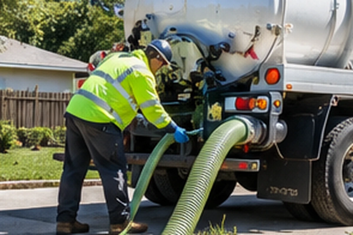 Septic service truck and technician at a well-kept Northern Kentucky residential property in Covington, KY